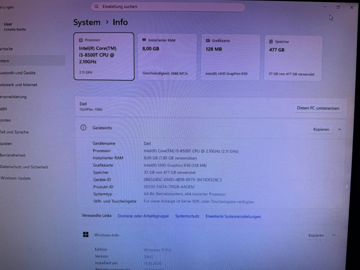 Dell Optiplex 7060 micro i5 8500T 2,1GHZ 8GB 512GB SSD W11 WLan #7604