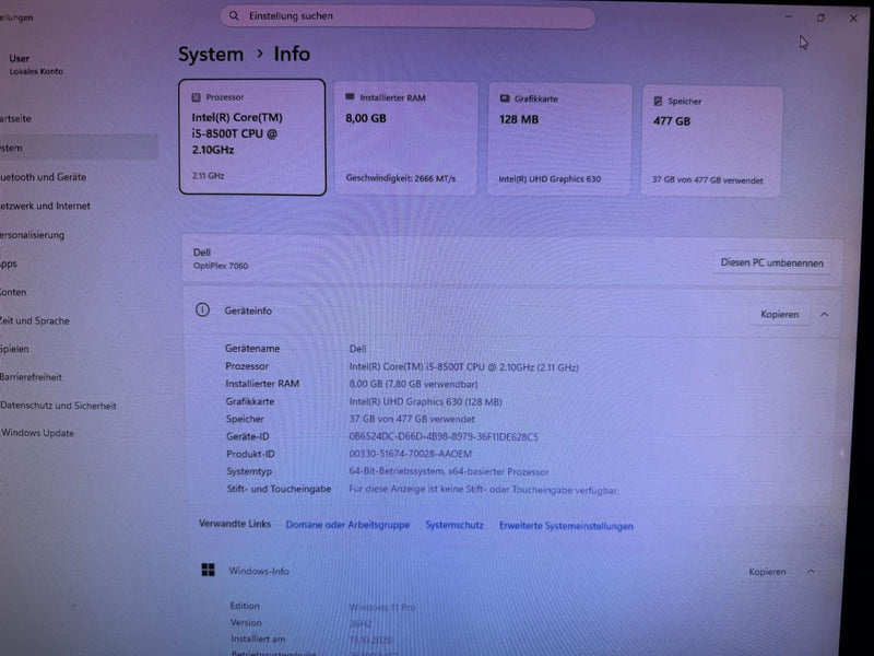 Dell Optiplex 7060 micro i5 8500T 2,1GHZ 8GB 512GB SSD W11 WLan #7604